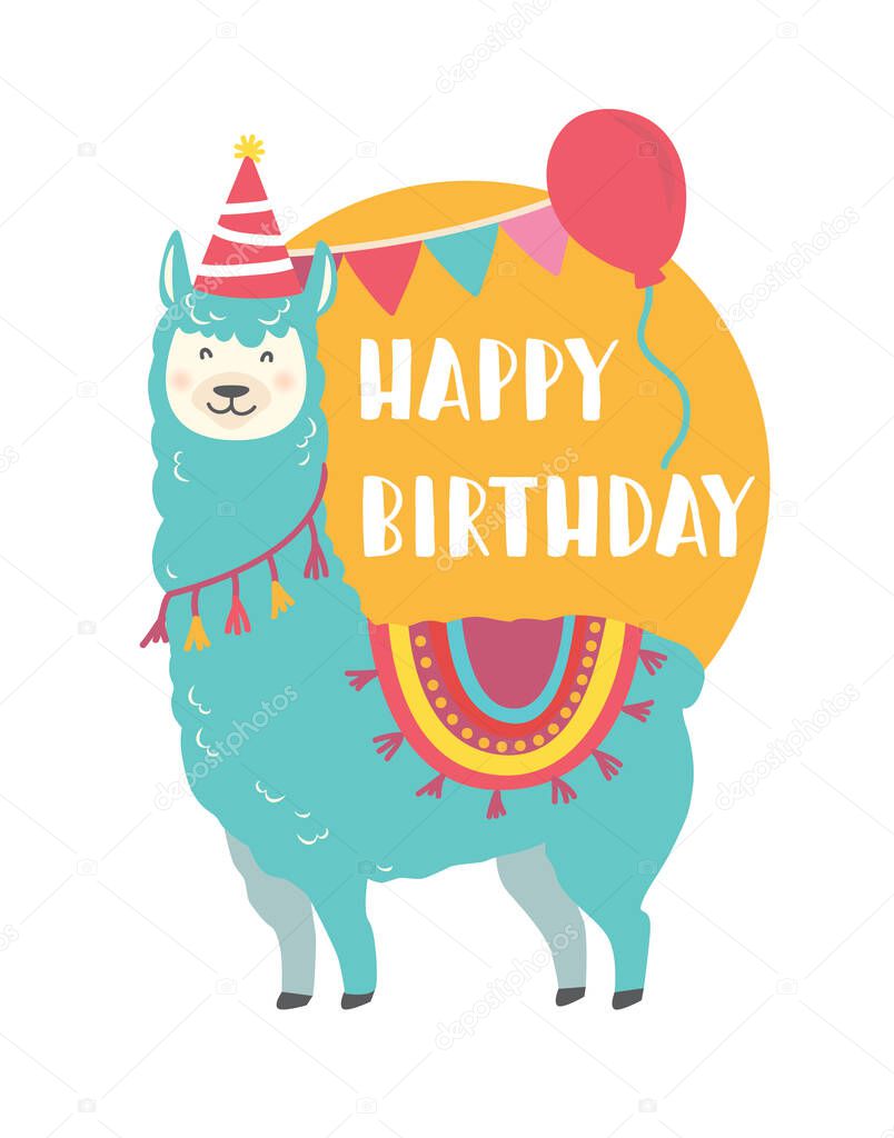 happy birthday card template with cute llama