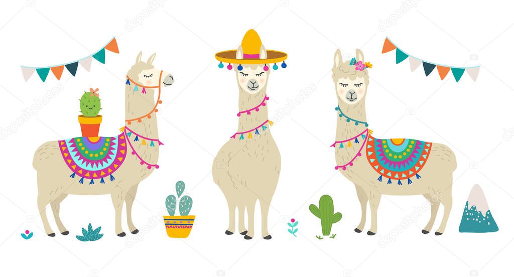 set of cute llamas on white background