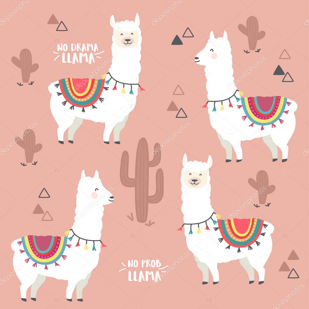 Cute cartoon llama alpaca seamless pattern vector graphic design. Hand drawn llama character illustration and cactus elements for nursery design, birthday, baby shower design and party decoration, print