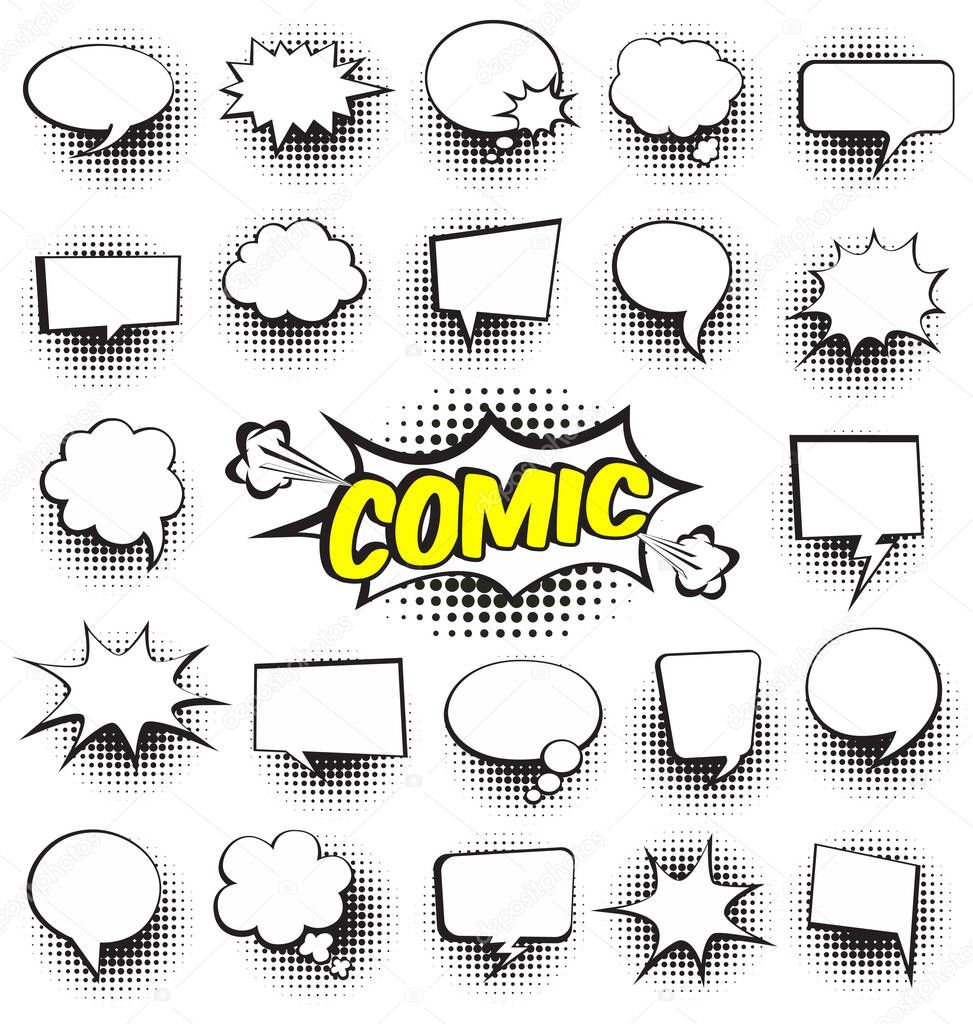 Collection of cartoon, comic speech bubbles with copy space. Colored dialog clouds with halftone dot background in pop art style