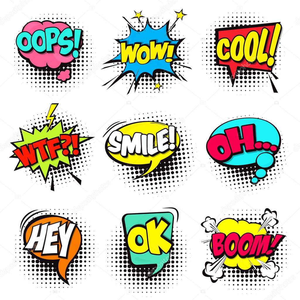 Collection of cartoon, comic speech bubbles. Colored dialog clouds with halftone dot background in pop art style
