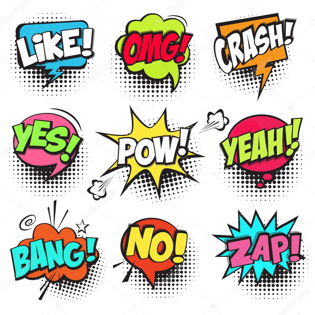 Collection of cartoon, comic speech bubbles. Colored dialog clouds with halftone dot background in pop art style