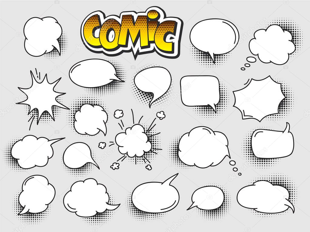 Collection of cartoon, comic speech bubbles with copy space. Colored dialog clouds with halftone dot background in pop art style