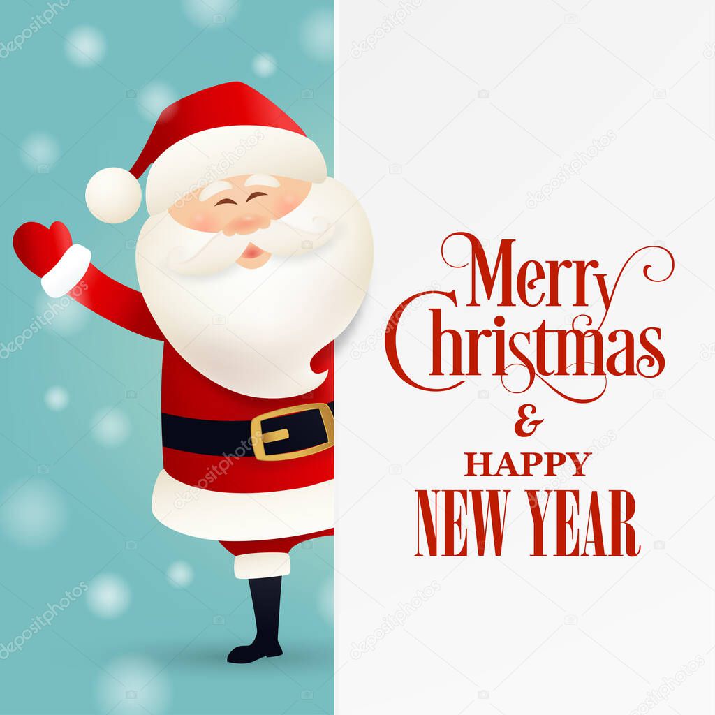 Merry Christmas greeting card design with cute Santa Claus cartoon character