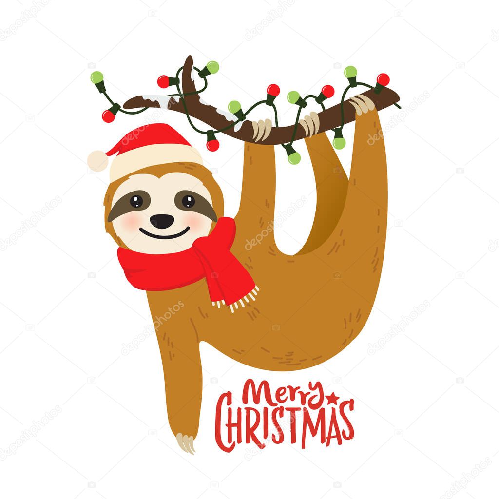 merry christmas card template with cute sloth, vector illustration 