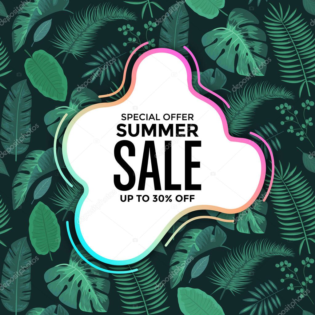 Summer Sale banner, poster with Tropical Exotic Leaves and Flowers