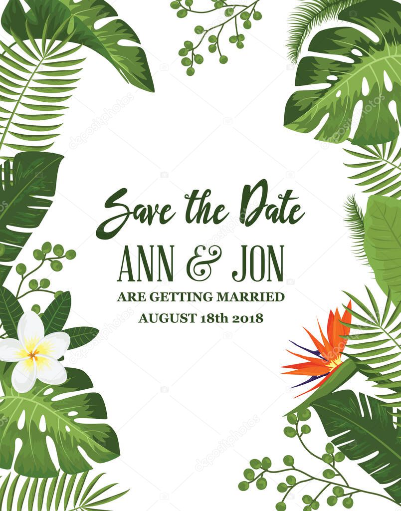 Save the date card with tropical exotic leaves and flowers. Wedding invitation design with jungle plants
