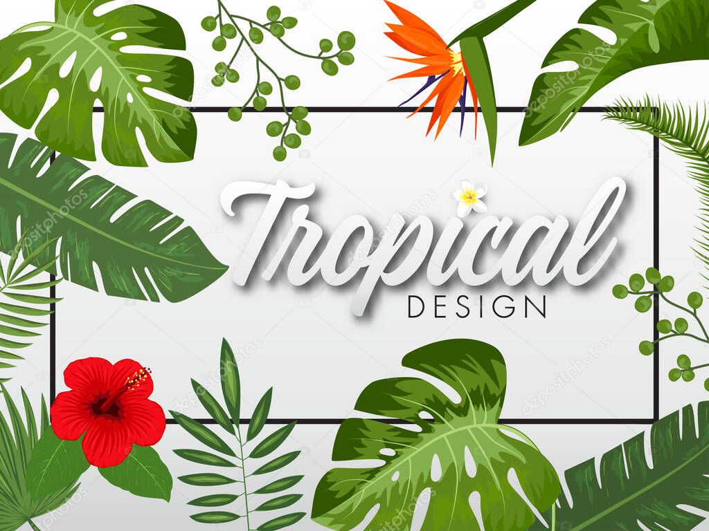 Tropical Vector Illustration with Place for Your Text. Exotic Plants Background, Frame Design with Leaves