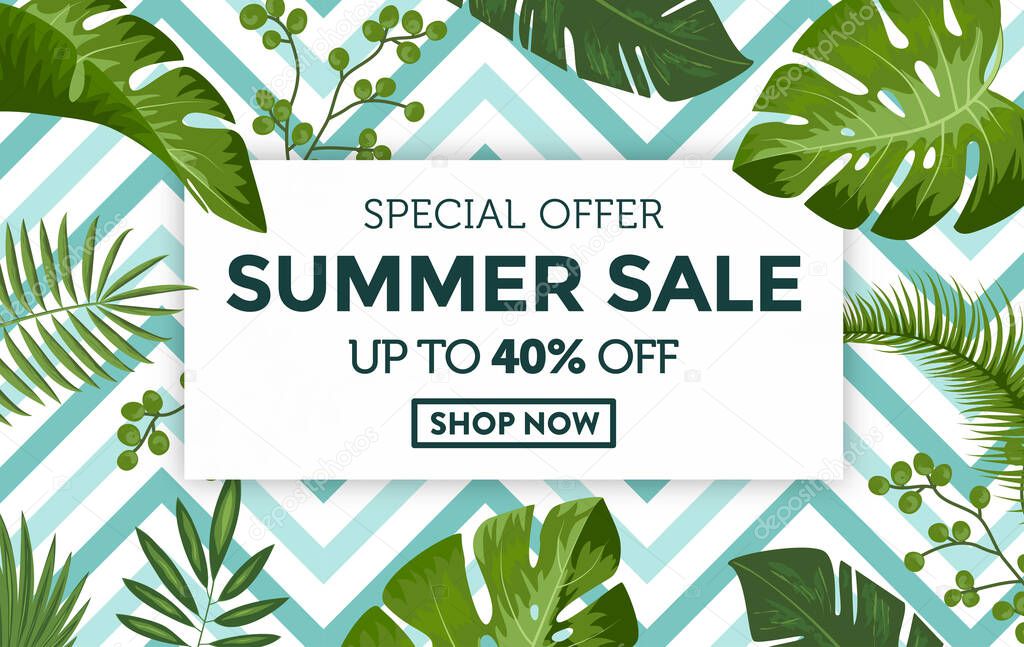 Summer sale banner with exotic jungle plants, tropical exotic palm leaves with turquoise frame. Online summer sale ad template