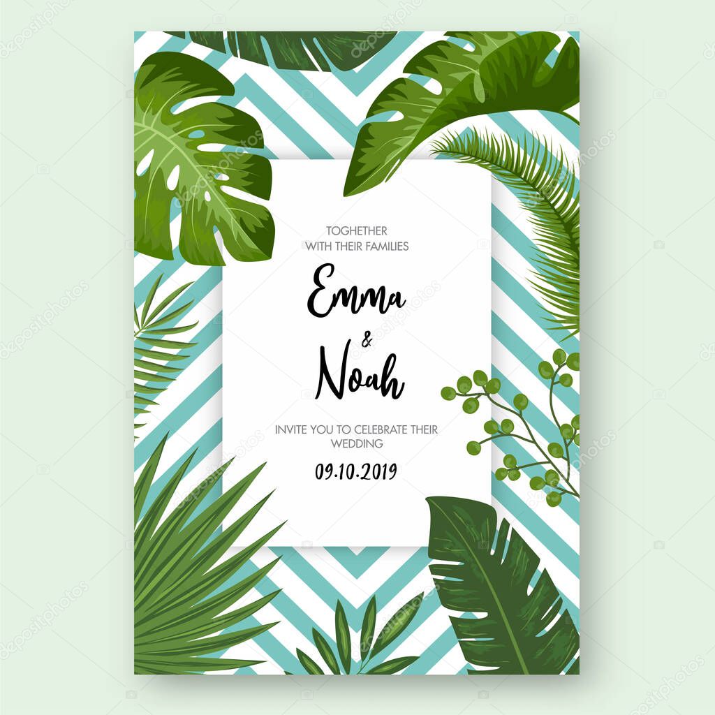 Save the date card with tropical exotic leaves and flowers. Wedding invitation design with jungle plants