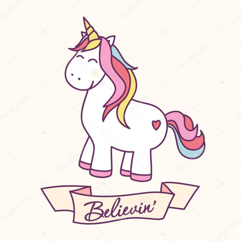 cute cartoon unicorn and believing lettering