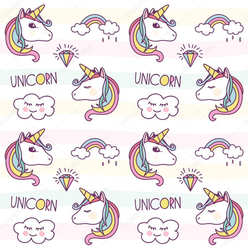 colorful seamless cute unicorns pattern, vector illustration