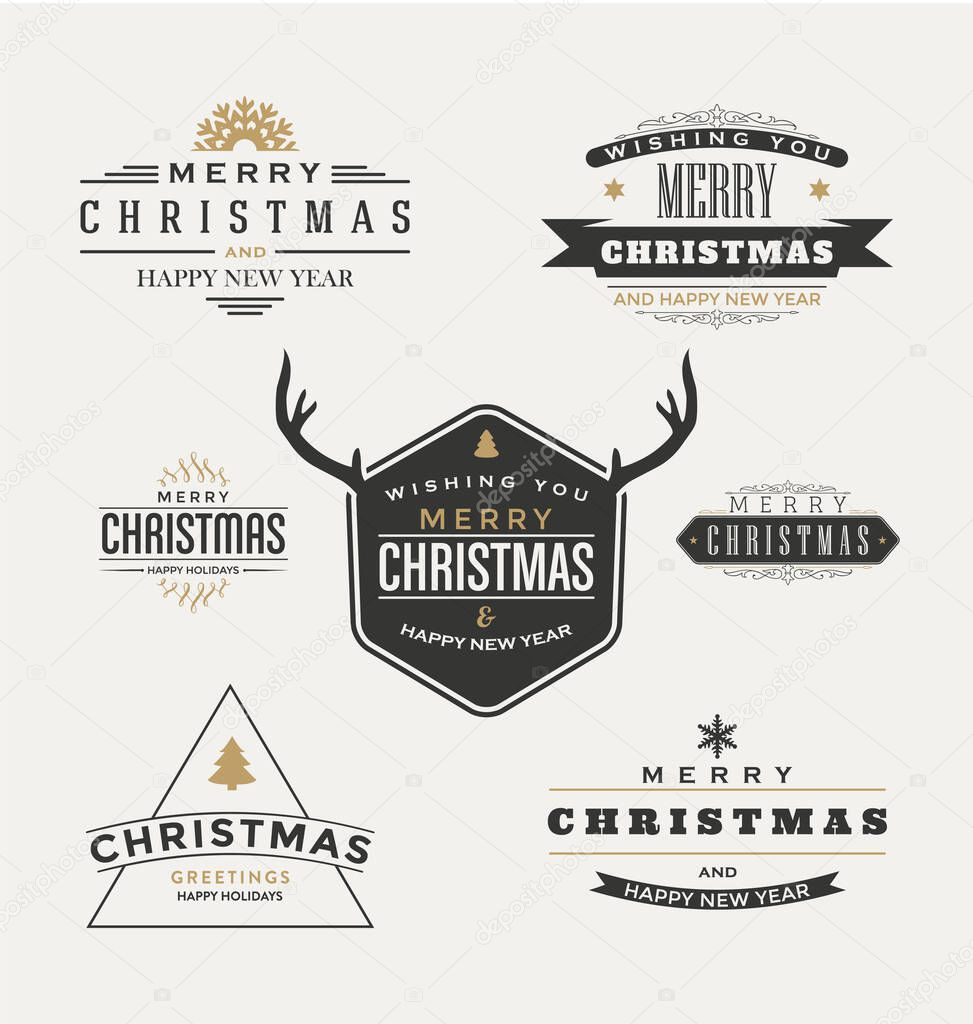 Vintage Christmas Insignia Set, Vector design elements, business signs, labels, badges collection