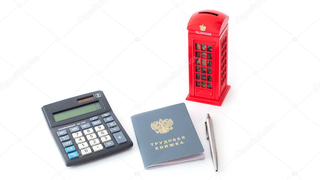 Russian Labor book, pen, calculator, piggy bank on white background. Isolated.
