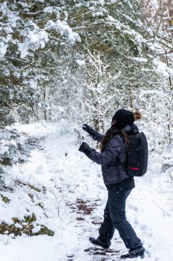 Genç kız karları ağaçlardan kaldırıyor. Karla oynayan yetişkin bir kadın. Donmuş Orman
