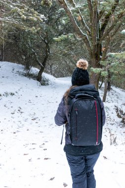 Ormanda karla yürüyen bir kız. Soğuk kış sporları yapıyor.
