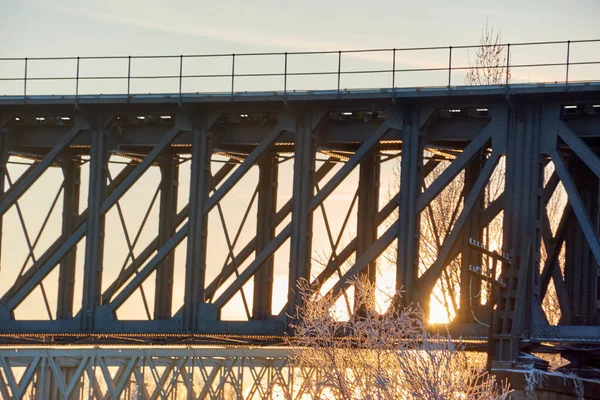 Puente Tren Viejo Puente Hierro Ciudad Zamora Atardecer Con Los — Foto de Stock