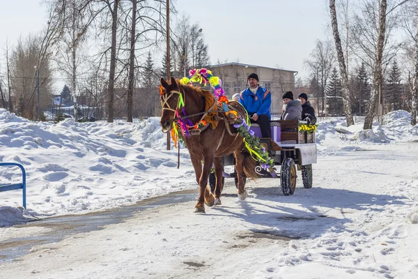 The horse harnessed by the cart is lucky people on the Russian h — Stock Photo, Image