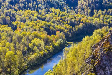 Sonbahar manzara. Berd, Sibirya nehirden kaya görünümünü
