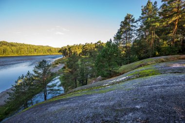 Biya nehrinin kıyısındaki aşk taşının manzarası. Turochak köyü, Turochaksky bölgesi, Altai Cumhuriyeti, Batı Sibirya 'nın güneyi, Rusya