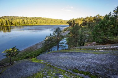 Biya nehrinin kıyısındaki aşk taşının manzarası. Turochak köyü, Turochaksky bölgesi, Altai Cumhuriyeti, Batı Sibirya 'nın güneyi, Rusya
