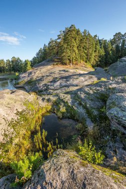 Biya nehrinin kıyısındaki aşk taşının manzarası. Turochak köyü, Turochaksky bölgesi, Altai Cumhuriyeti, Batı Sibirya 'nın güneyi, Rusya