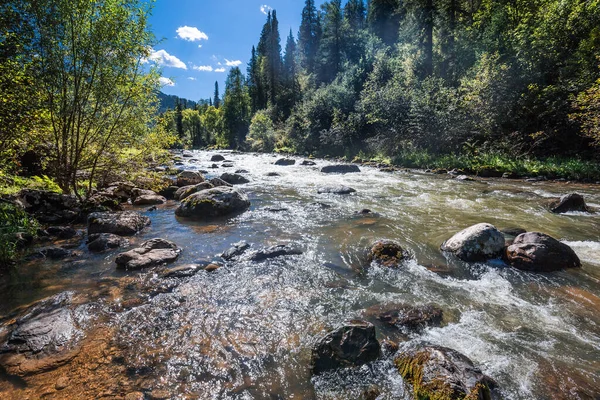 Rio Iogach Com Fendas Pedra Cercado Pela Taiga Siberiana Distrito — Fotografia de Stock