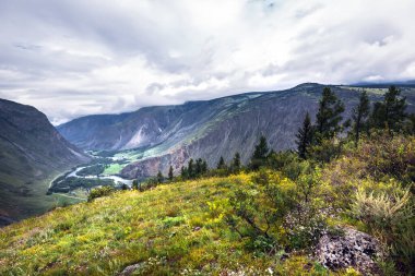 Chulyshman Vadisi 'nin Katu-Yaryk geçidinde Chulyshman nehri manzarası. Ulagansky bölgesi, Altai Cumhuriyeti, Batı Sibirya 'nın güneyi, Rusya