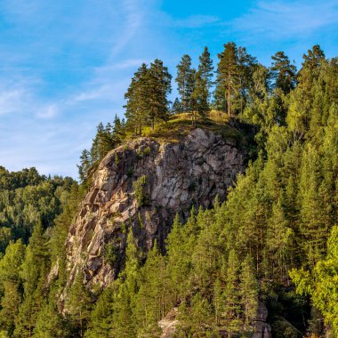 Turochak köyünün yakınındaki BII nehrinin yanındaki taş uçurum. Turochaksky bölgesi, Altai Cumhuriyeti, Batı Sibirya 'nın güneyi, Rusya