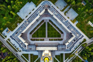 Novosibirsk Academic Town, Novosibirsk Region, Western Siberia of Russia-June 26, 2021: a bird's-eye view of the building of Novosibirsk State University
