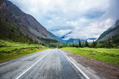 Chuysky yolu sabahın erken saatlerinde, dağlar arası vadide sisli bir yol. Gorny Altai 'nin Ongudaysky ilçesi, Rusya