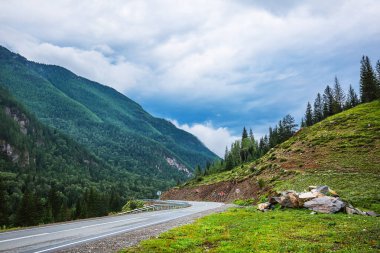 Chuysky yolu sabahın erken saatlerinde, dağlar arası vadide sisli bir yol. Gorny Altai 'nin Ongudaysky ilçesi, Rusya