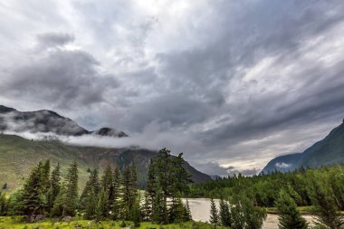 Bulutlu bir yaz akşamında Chuya Nehri. Gorny Altai 'nin Ongudaysky ilçesi, Rusya