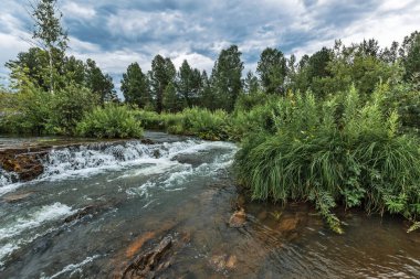 Suenginsky, Sueng Nehri üzerinde şelaleyi taşırdı. Novosibirsk bölgesinin Maslyaninsky ilçesi, Batı Sibirya, Rusya