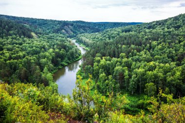 The Berd River is surrounded by taiga, flowing through a mountain valley. Iskitimsky district, Novosibirsk Region, Western Siberia Russia clipart