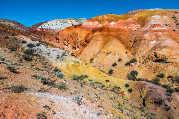 Martian landscapes of Kyzyl-Chin. Multicolored mountains near the village of Chagan-Uzun in the Kosh-Agach district of the Altai Republic. Russia, Southern Siberia