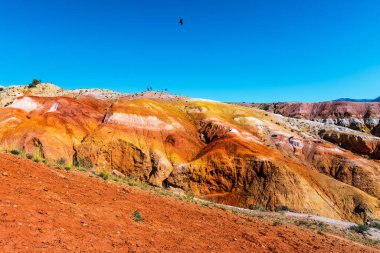 Chagan-Uzun Köyü, Kosh-Agachsky bölgesi, Altai Cumhuriyeti, Rusya-24 Ağustos 2021: Kyzyl-Chin Nehri vadisinde çok renkli dağlar-Mars 1 cazibesi
