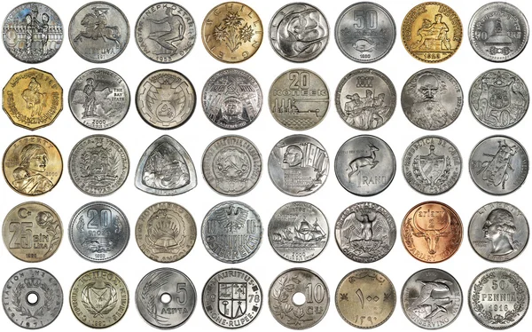 Kovové Mince Různých Zemí Světa Bílém Pozadí — Stock fotografie