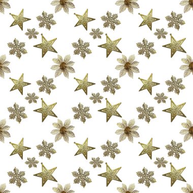 Kusursuz bir desen, beyaz bir zemin oluşturan altın yıldızlar Noel ve Yeni Yıl 'la