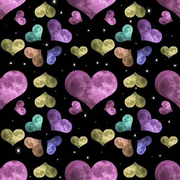 Seamless pattern, Multicolored heart shape on a black background among the stars.