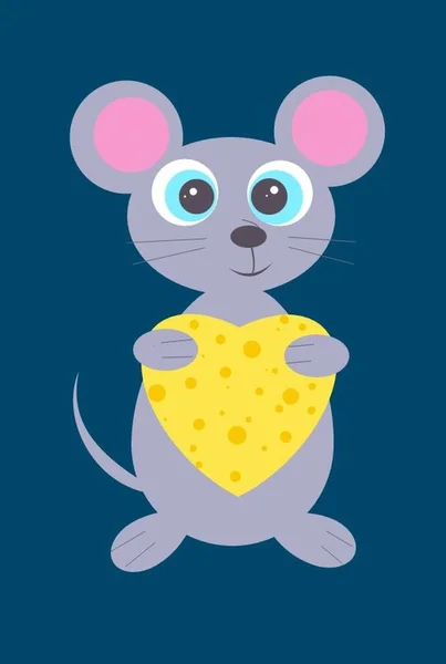 Серая Мышь Держит Сердце Сыра — стоковый вектор