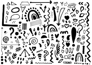 Beyaz arkaplanda işaretler, çizgiler, şekiller, oklar ve kalpler, karalama