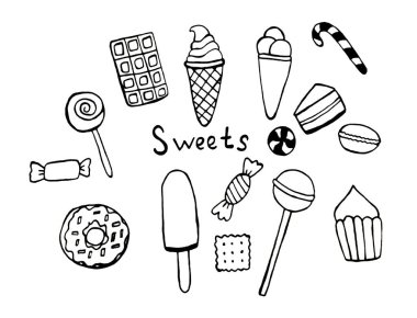 Beyaz arka planda yiyecek ve içecekler. Çizimler