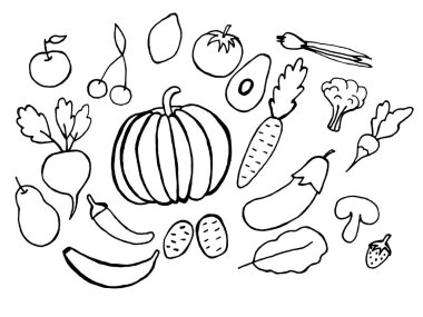 Beyaz arka planda yiyecek ve içecekler. Çizimler