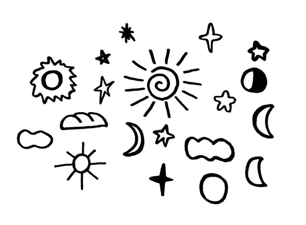Натуральные Элементы Солнце Облака Звезды Белом Фоне Небесные Тела Погода — стоковый вектор