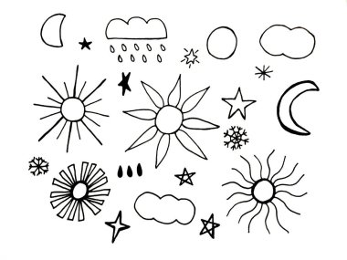 Doğal elementler Güneş, bulutlar, beyaz arkaplanda yıldızlar. Gök cisimleri. Hava Durumu