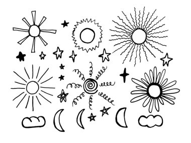 set of stars, suns and clouds. Doodles