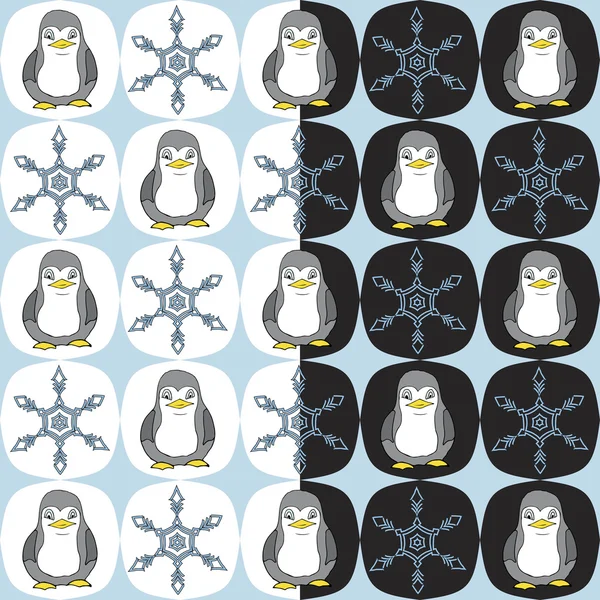 Seamless cartoon penguin snowflake pattern — Stock Vector