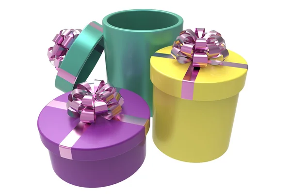 Tres cajas de regalo con bolos rojos brillantes —  Fotos de Stock