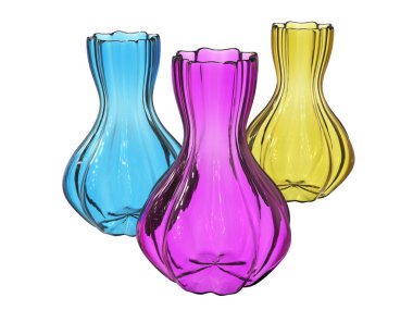 Üç cam vazo 3d render mavi, mor ve sarı tasarım